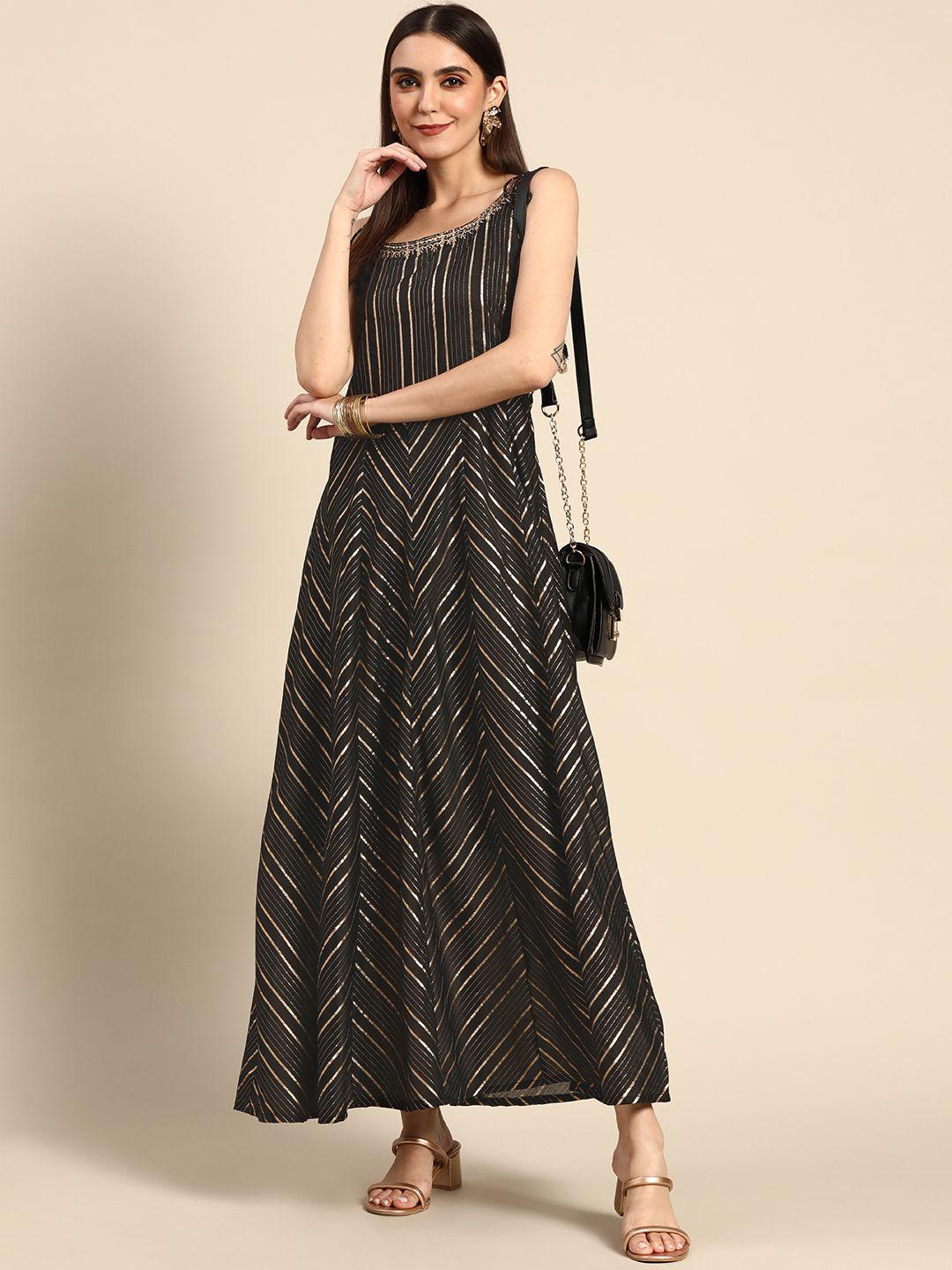 anouk black & golden striped ethnic a-line maxi dress