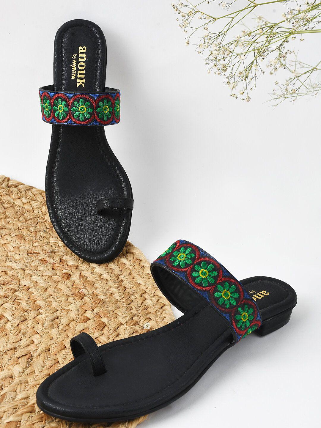 anouk black & green embroidered one toe flats