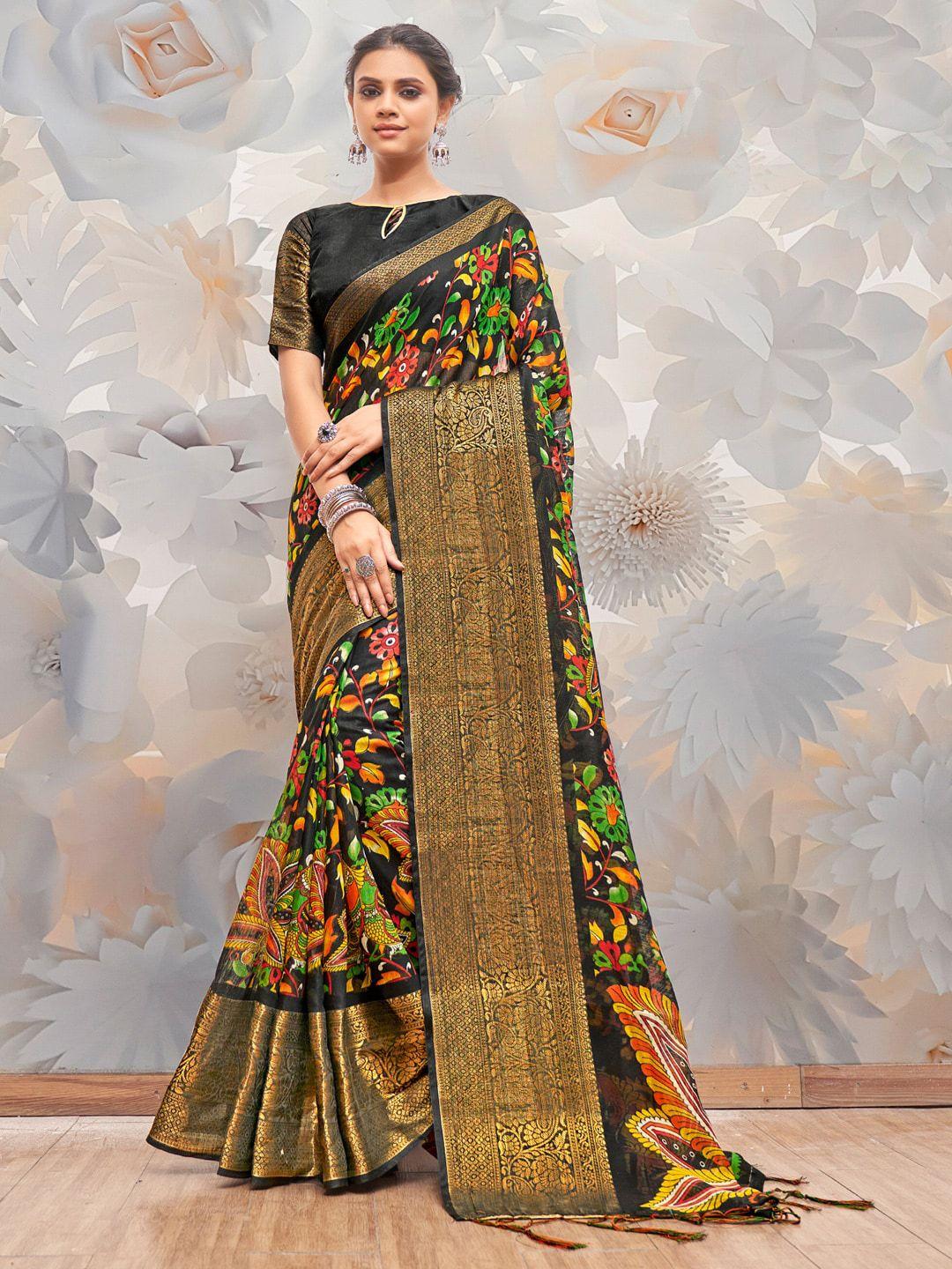 anouk black & green kalamkari printed zari banarasi saree