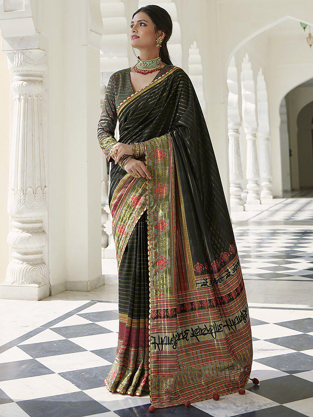 anouk black & green striped silk blend saree