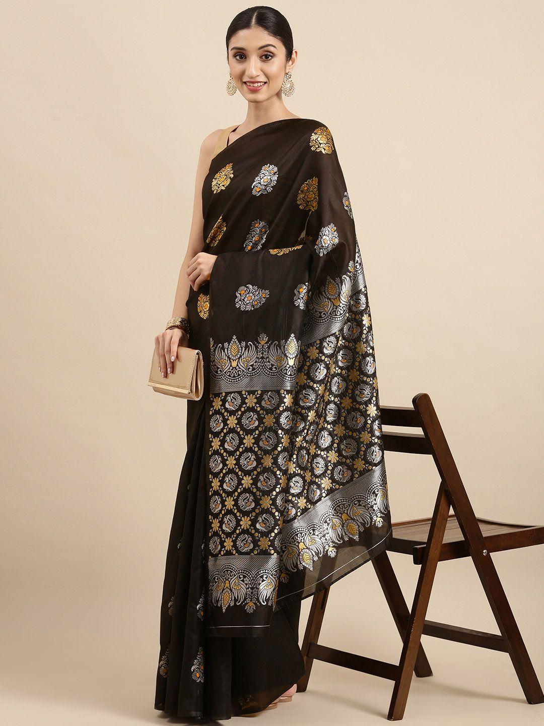 anouk black & grey ethnic motifs woven design silk blend kanjeevaram saree