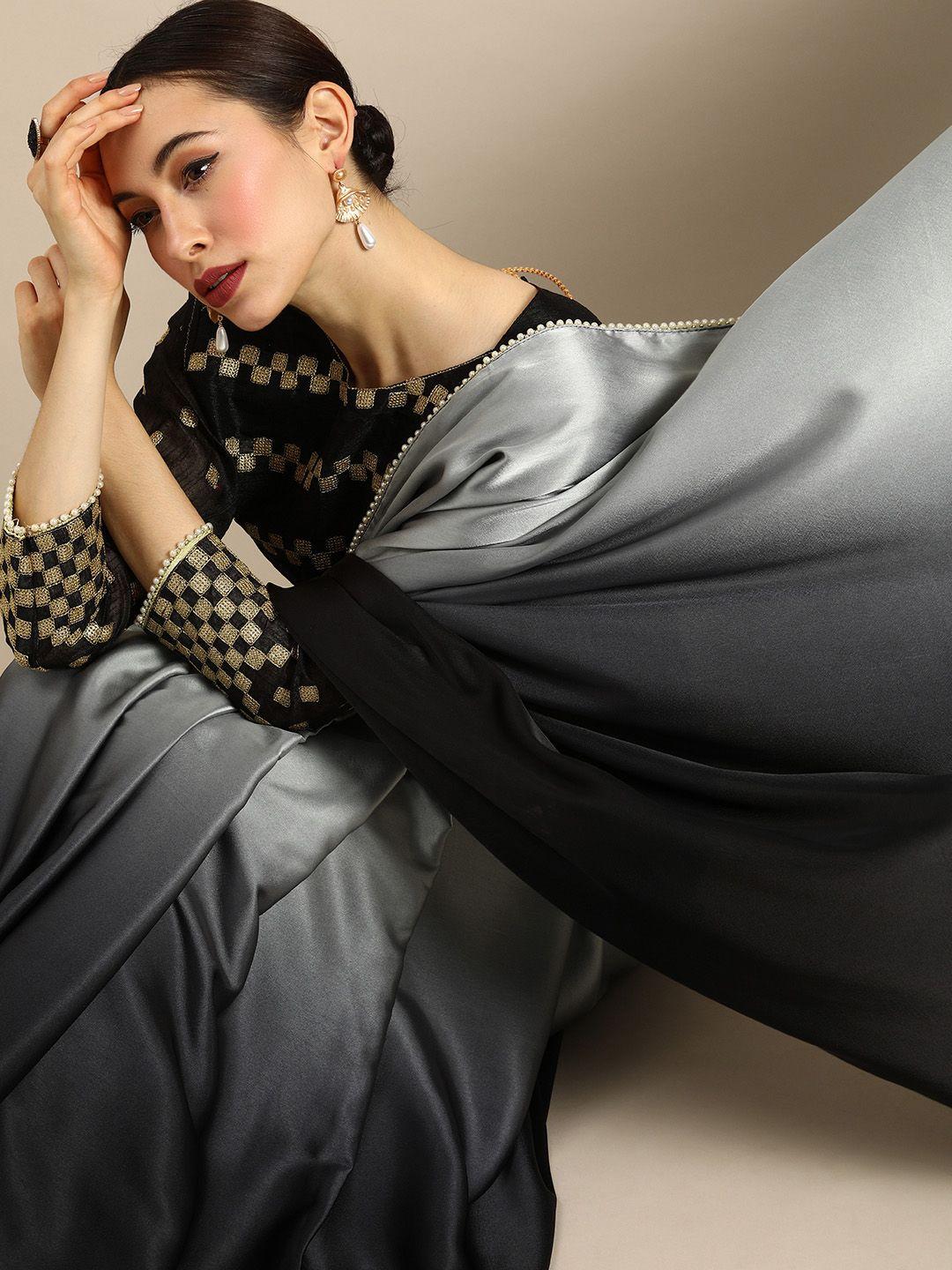 anouk black & grey satin colourblocked saree