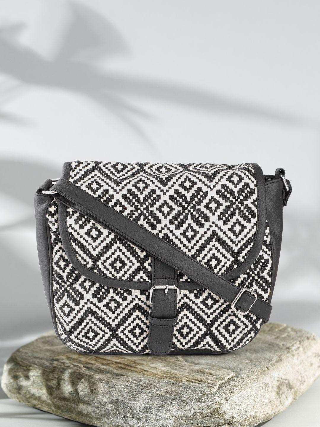 anouk black & off-white geometric jacquard woven design structured sling bag