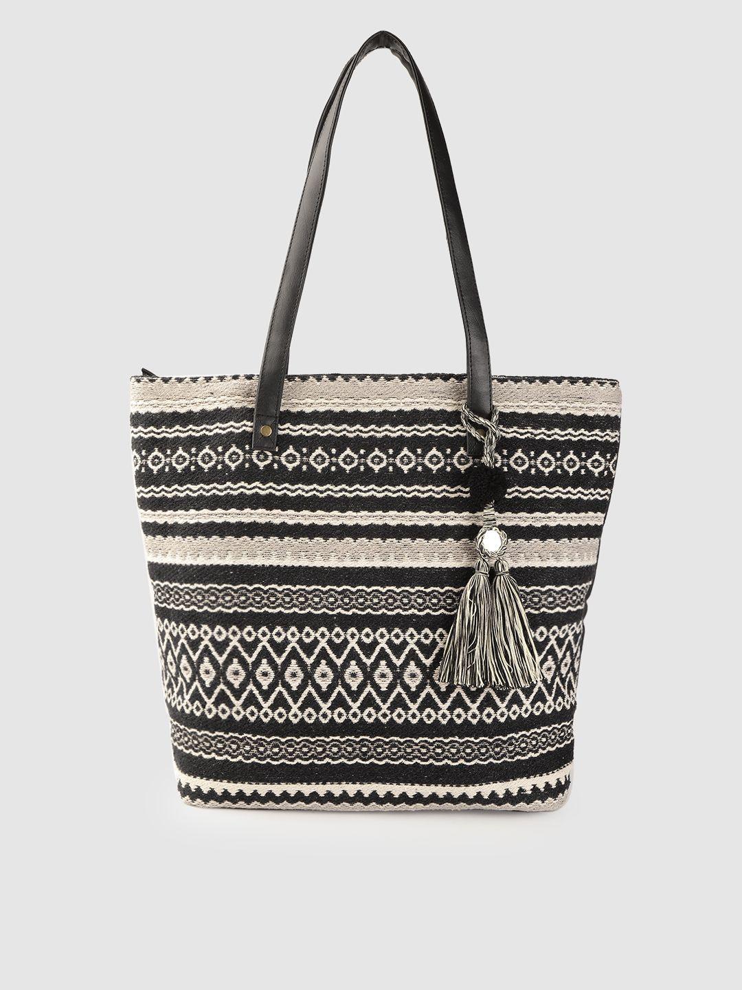 anouk black & off-white geometric patterned shopper tote bag with tasselled detail