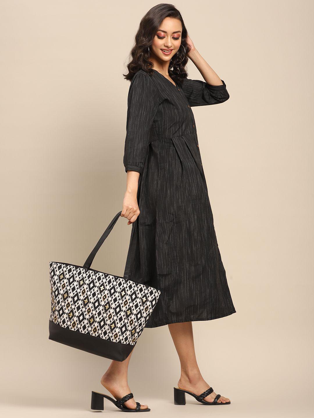 anouk black & off-white jacquard woven design shoulder bag