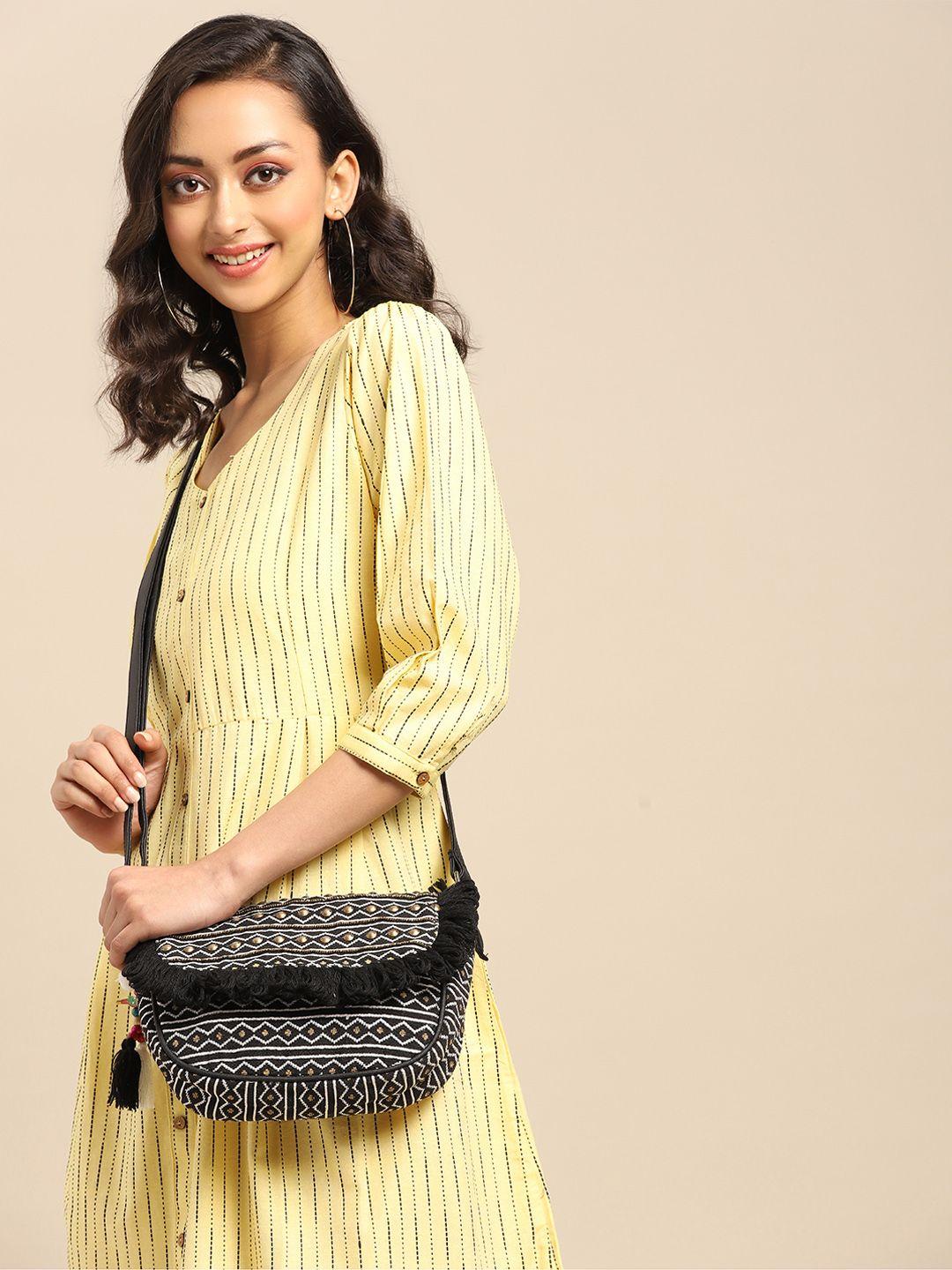 anouk black & off white jacquard woven design sling bag