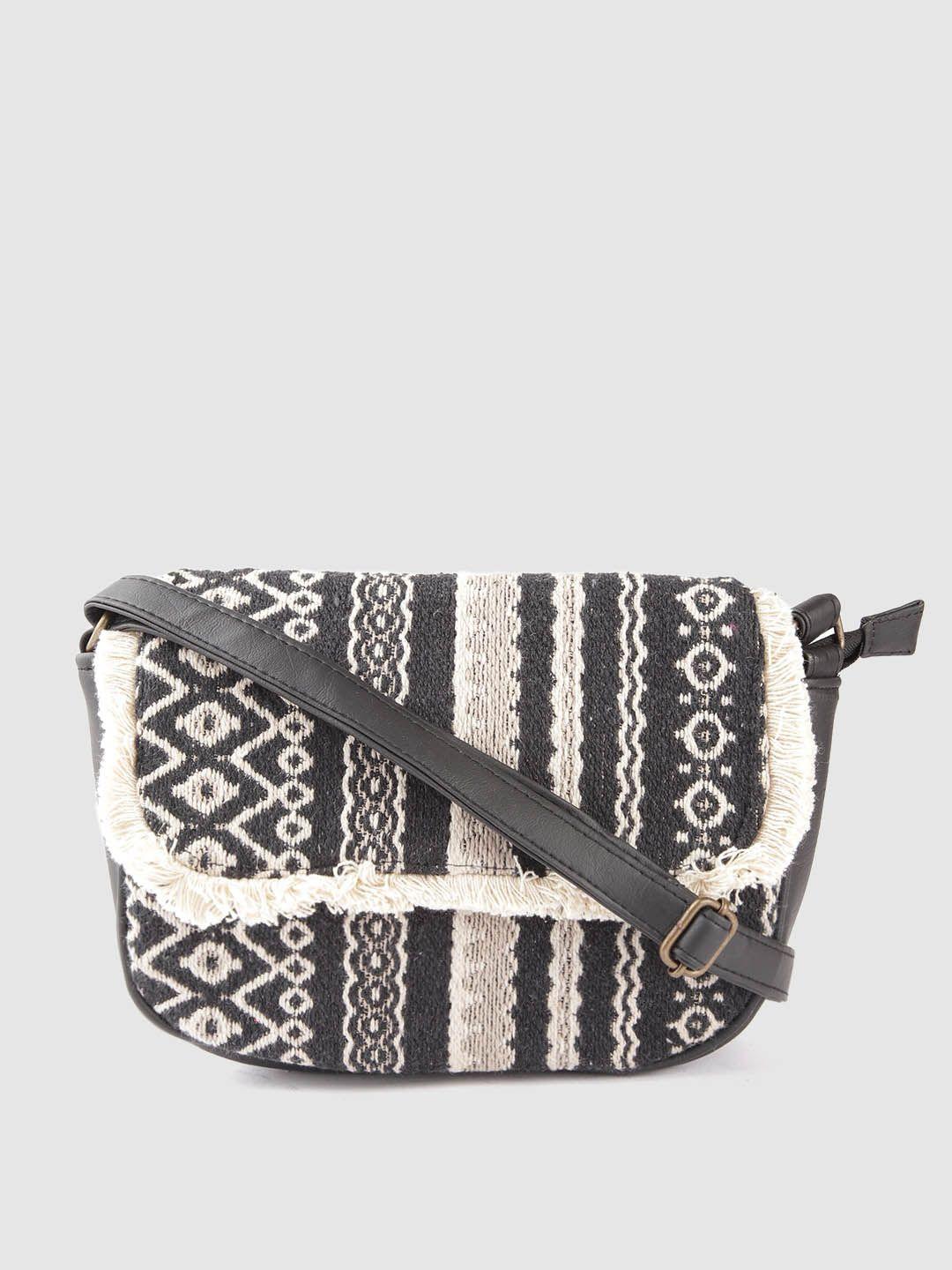 anouk black & off white striped & ethnic motif print structured sling bag