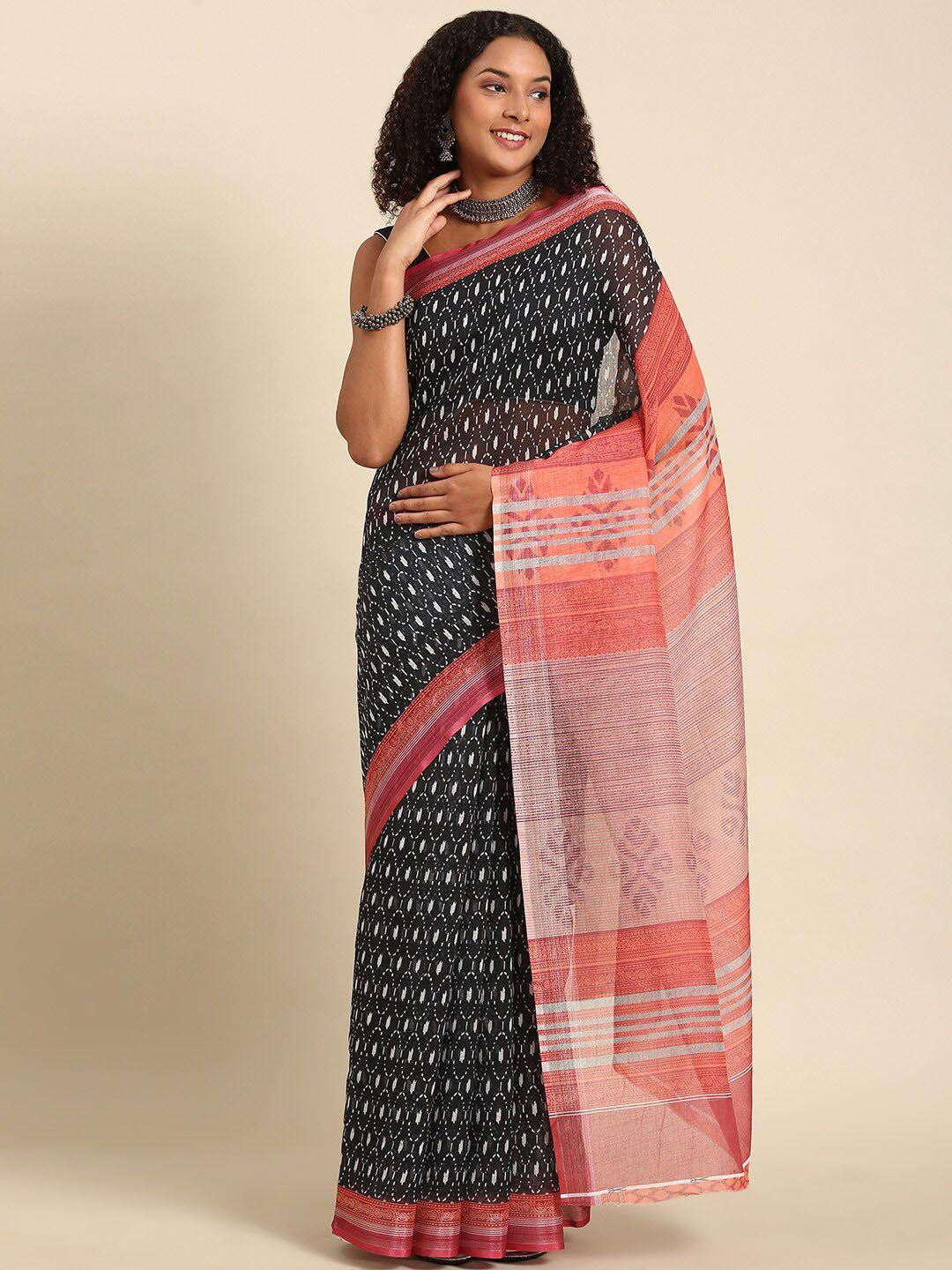 anouk black & peach-coloured ethnic motifs zari printed saree