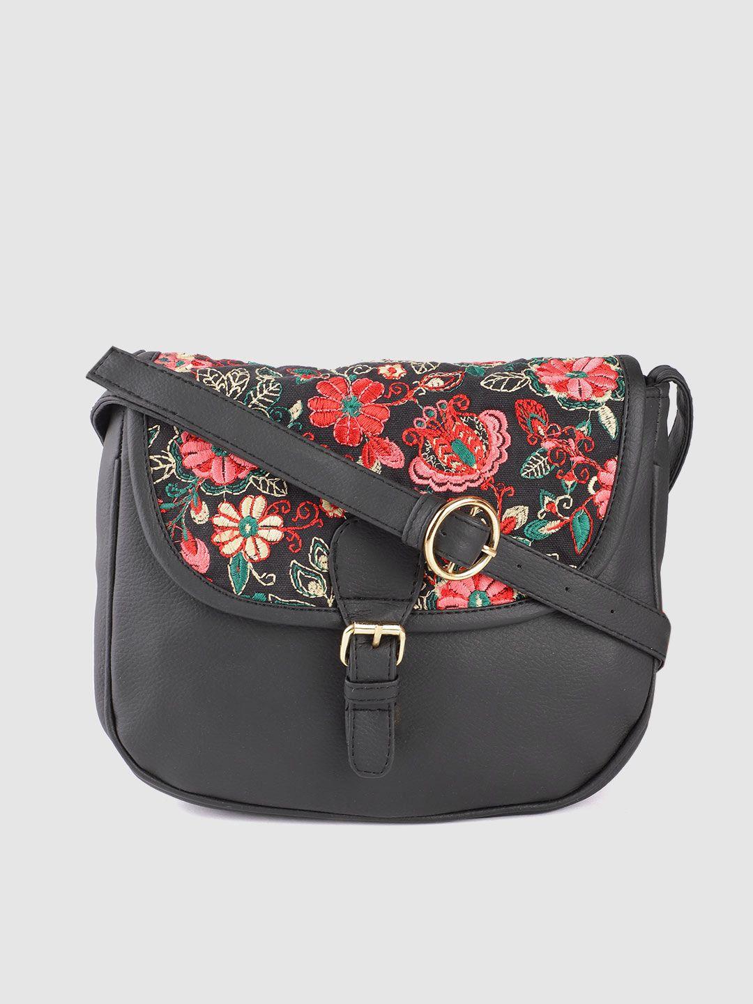 anouk black & pink floral embroidered sling bag