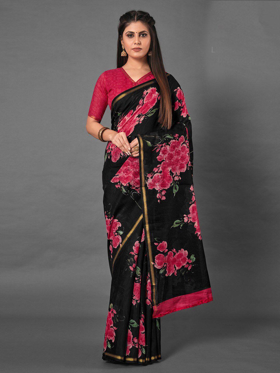 anouk black & pink floral printed zari bagh saree