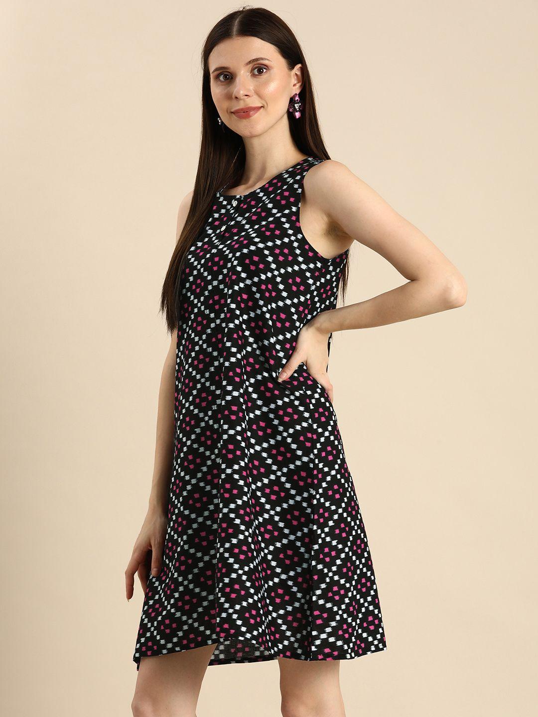 anouk black & pink printed pure cotton sleevless a-line dress