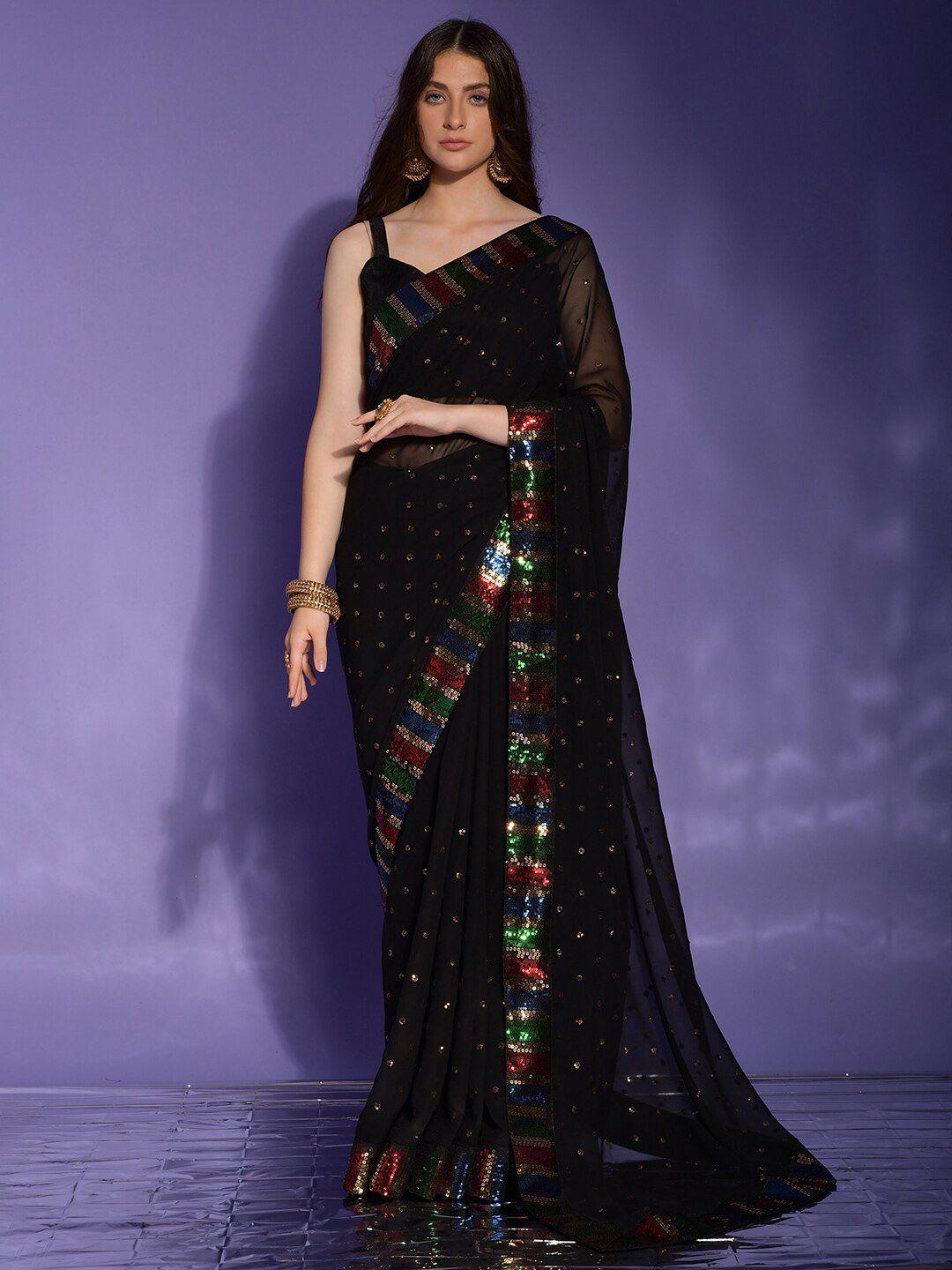 anouk black & red embellished sequinned pure georgette saree