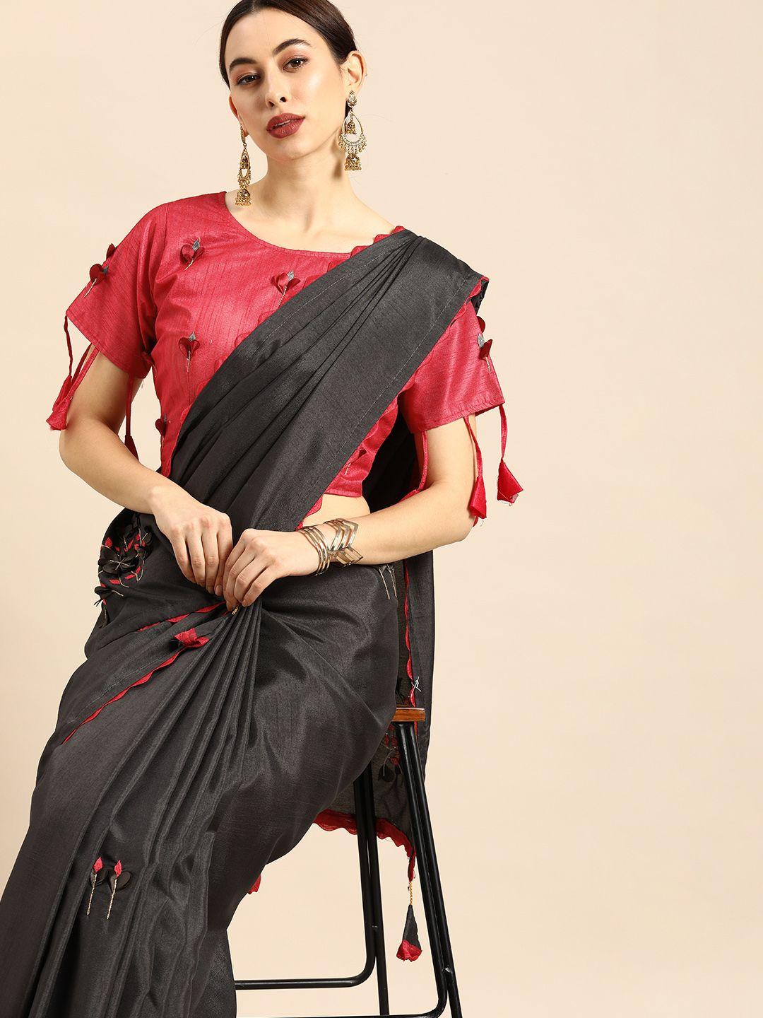 anouk black & red embroidered chanderi saree