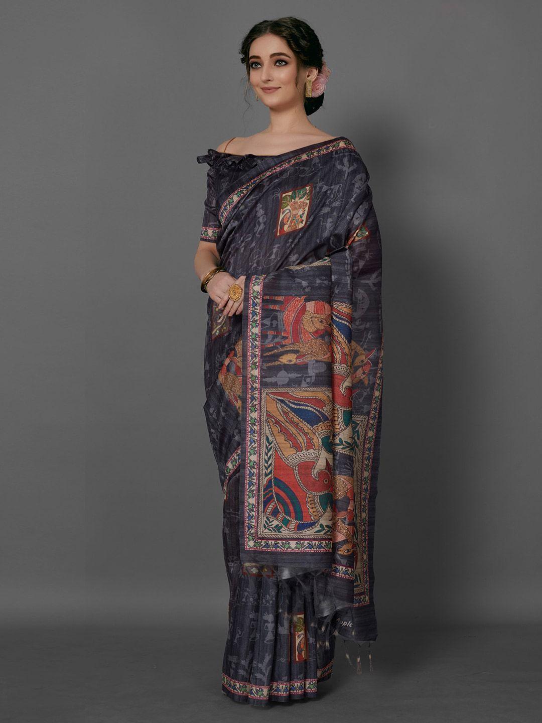 anouk black & red ethnic motifs printed baluchari saree