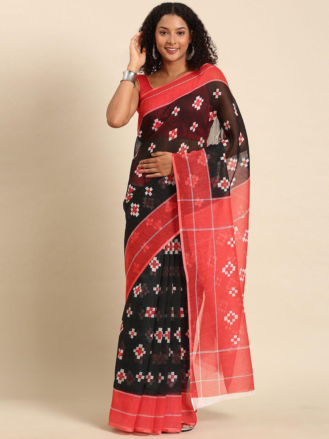 anouk black & red ethnic motifs printed saree