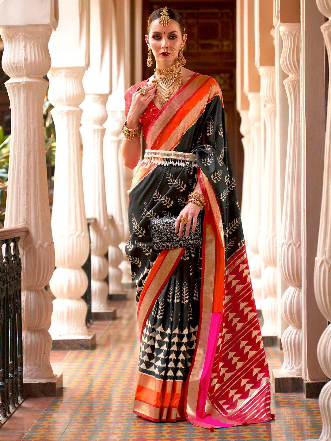 anouk black & red ethnic motifs printed zari ikat saree