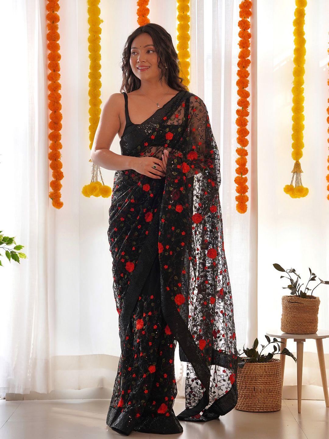 anouk black & red floral embellished embroidered net saree