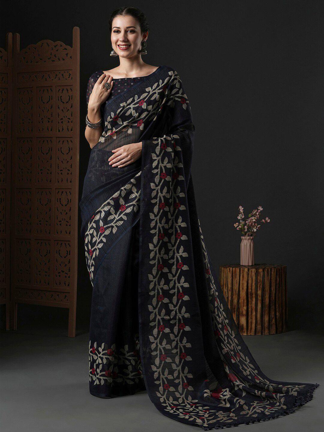 anouk black & red floral printed block print saree