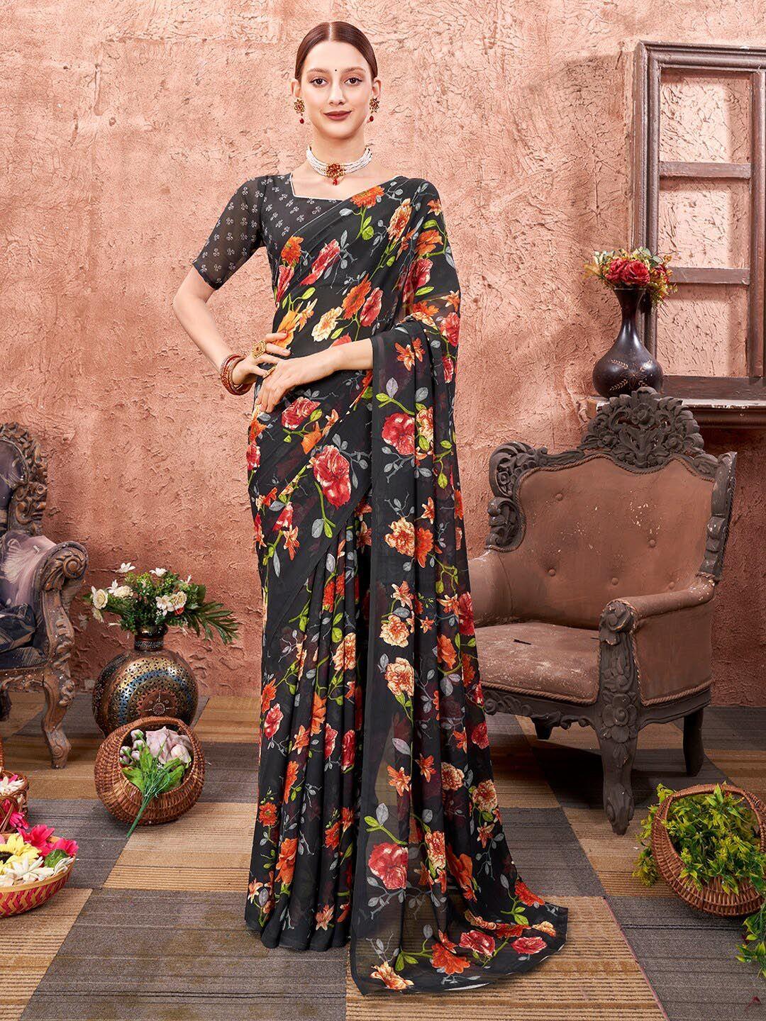 anouk black & red floral printed saree