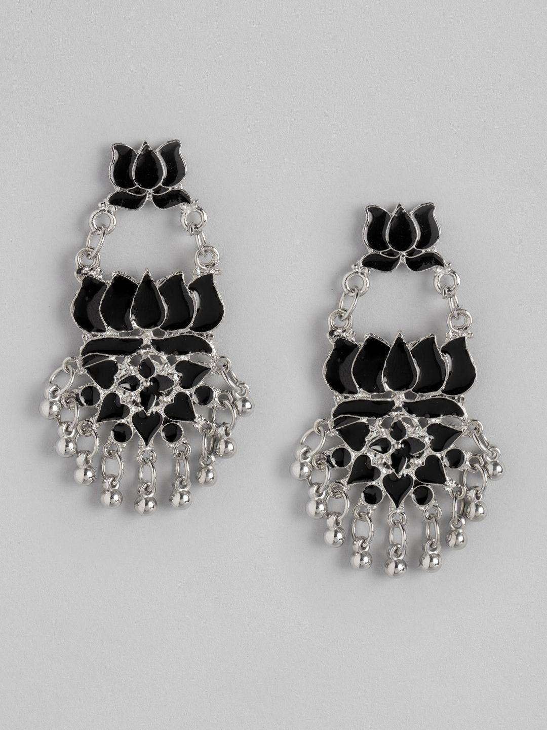 anouk black & silver-toned lotus shaped enameled drop earrings