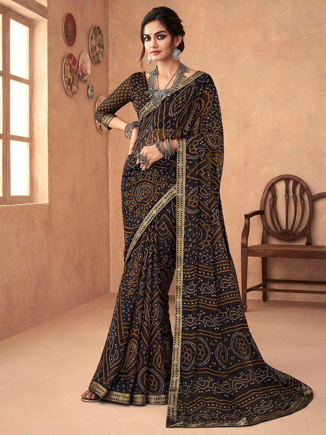 anouk black & white bandhani zari pure chiffon bandhani saree