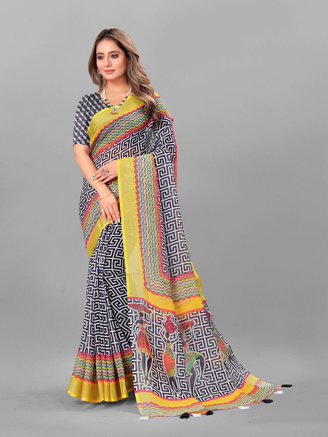 anouk black & white geometric printed pure linen saree