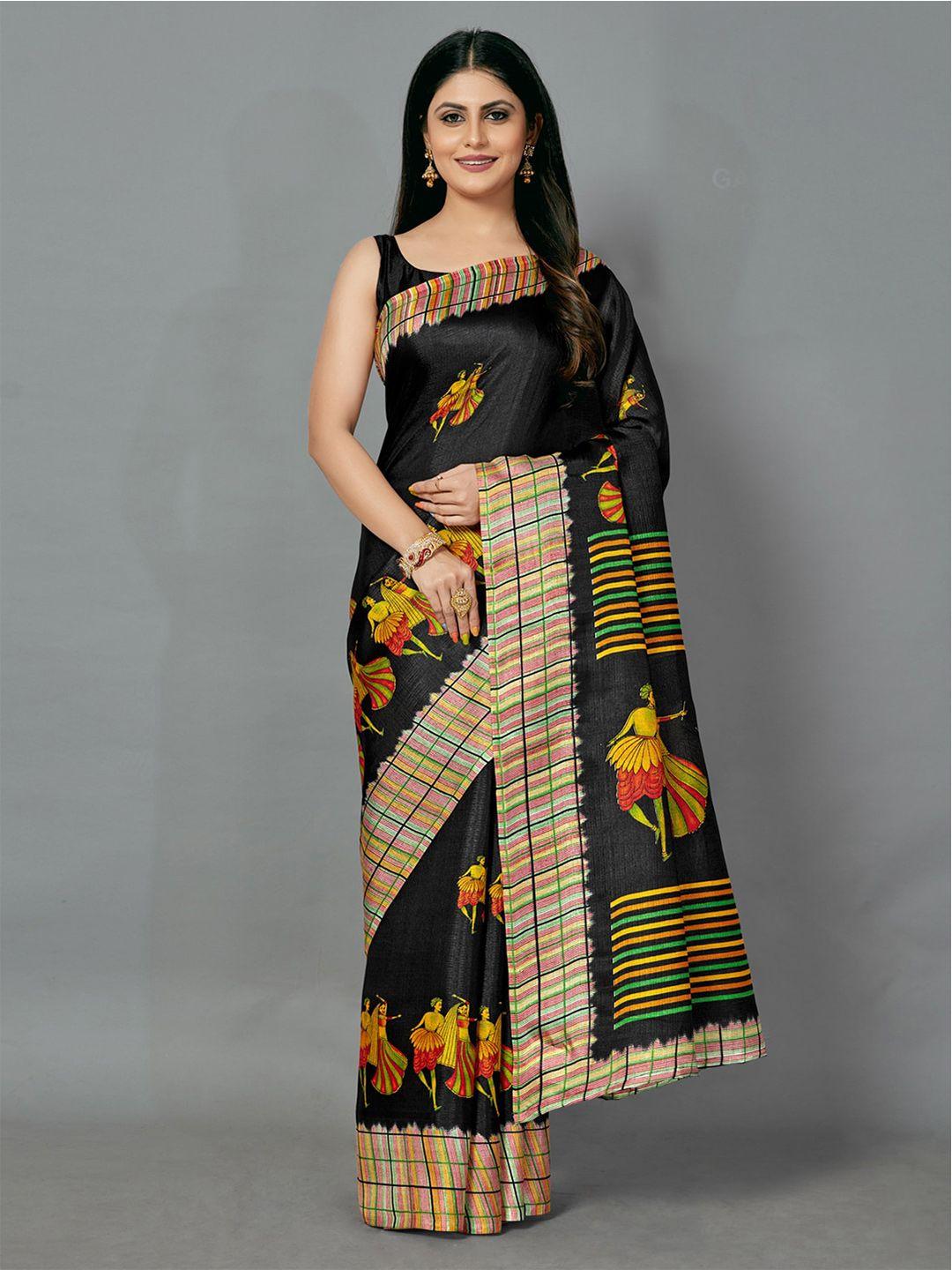 anouk black & yellow ethnic motifs printed bhagalpuri saree