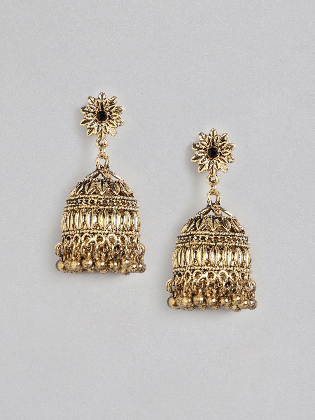 anouk black antique gold-plated stone-studded dome shaped jhumkas
