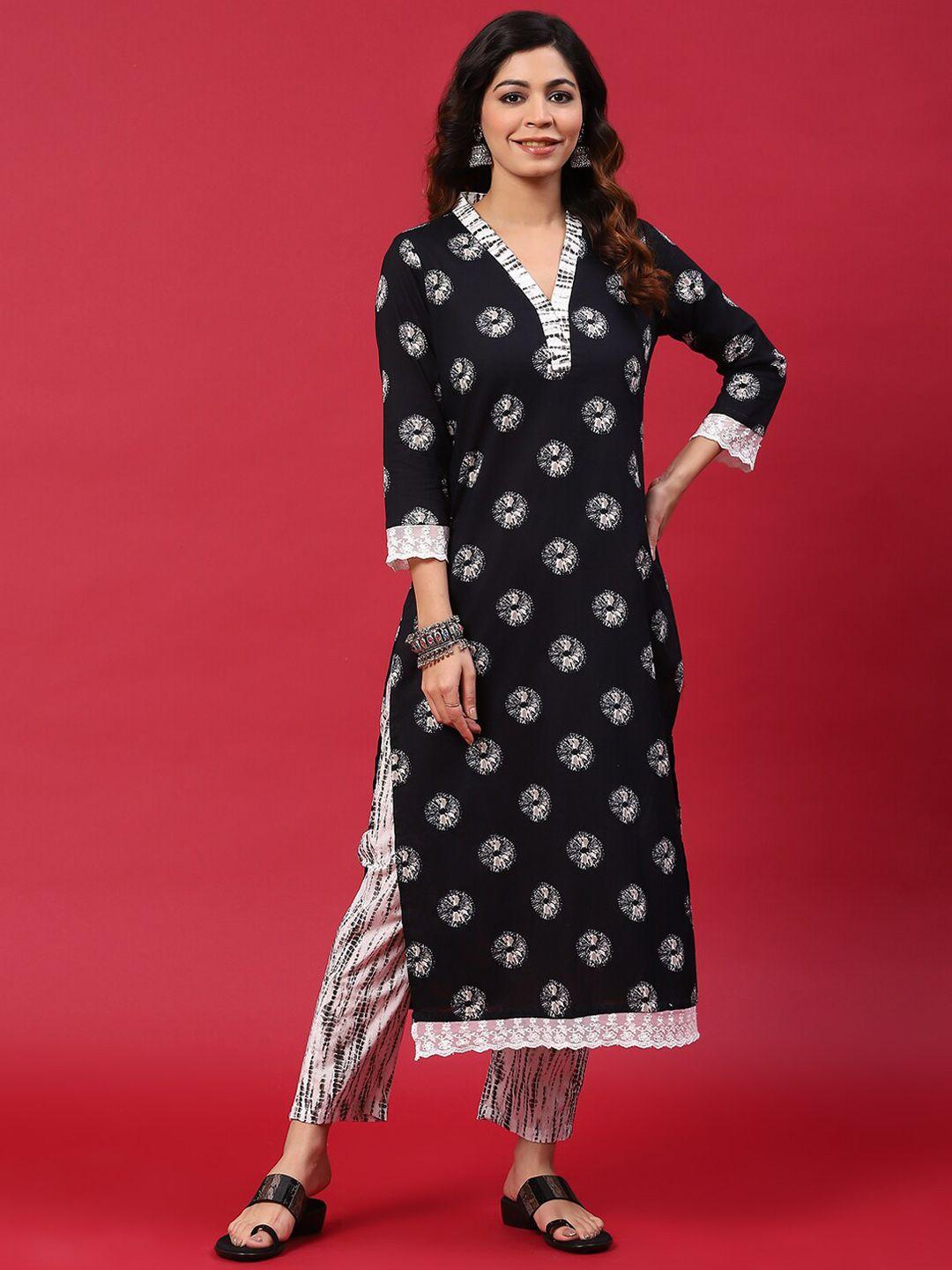 anouk black ethnic motifs printed v-neck pure cotton straight kurta with trousers