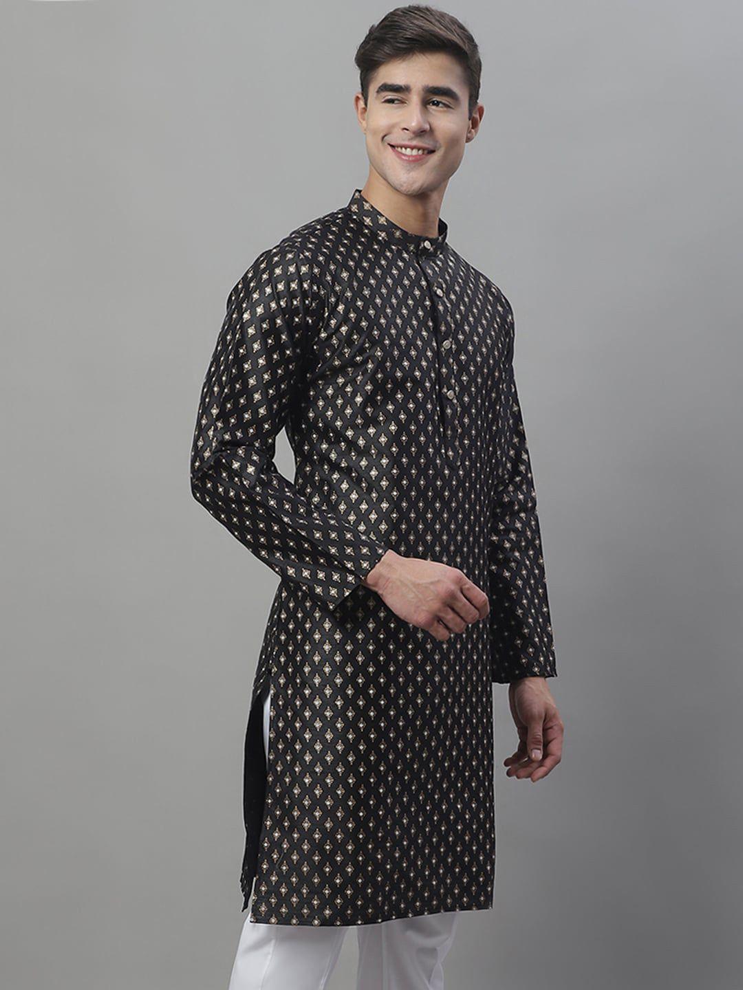anouk black ethnic motifs woven design band collar kurta