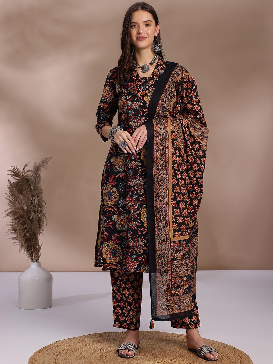 anouk black floral printed sequinned pure cotton straight kurta & trouser with dupatta