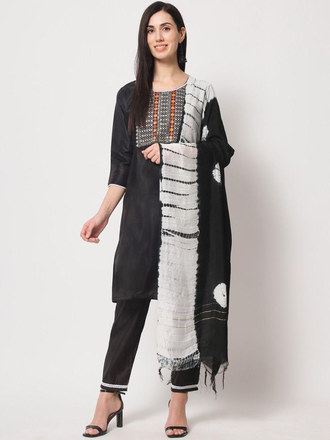 anouk black floral yoke design thread work pure silk straight kurta with trouser & dupatta