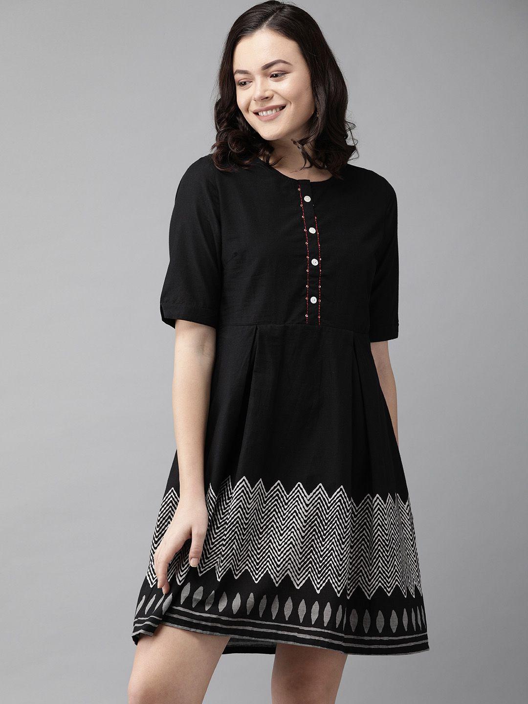 anouk black geometric printed pure cotton a-line dress