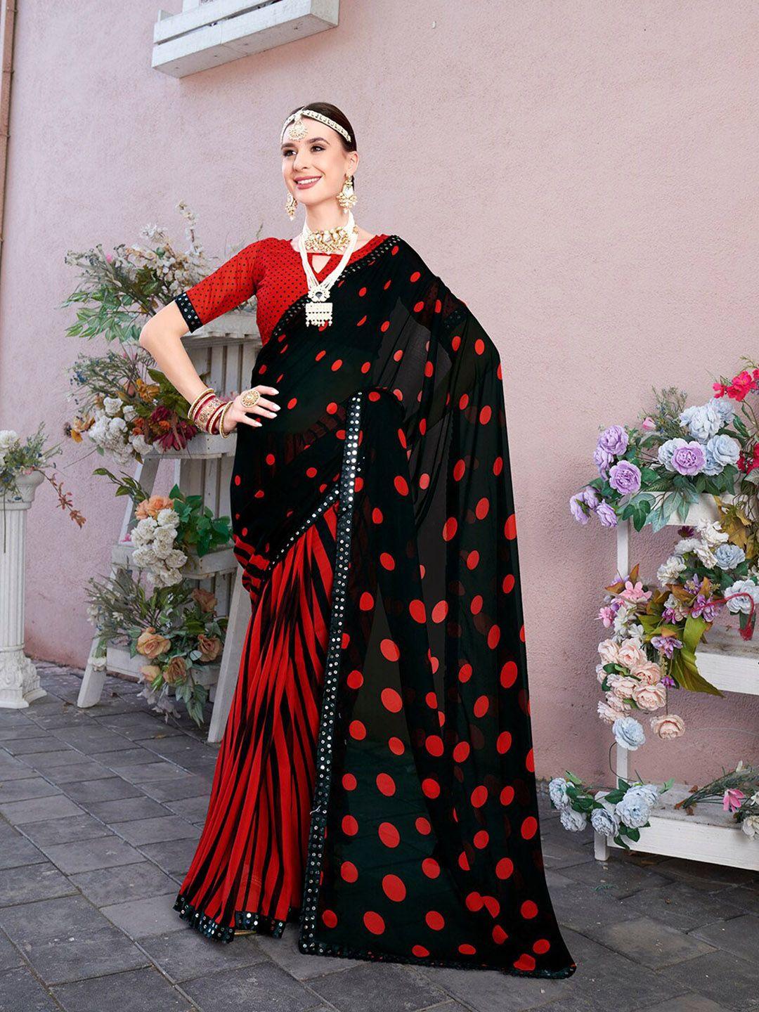 anouk black polka dots printed sequinned art silk saree