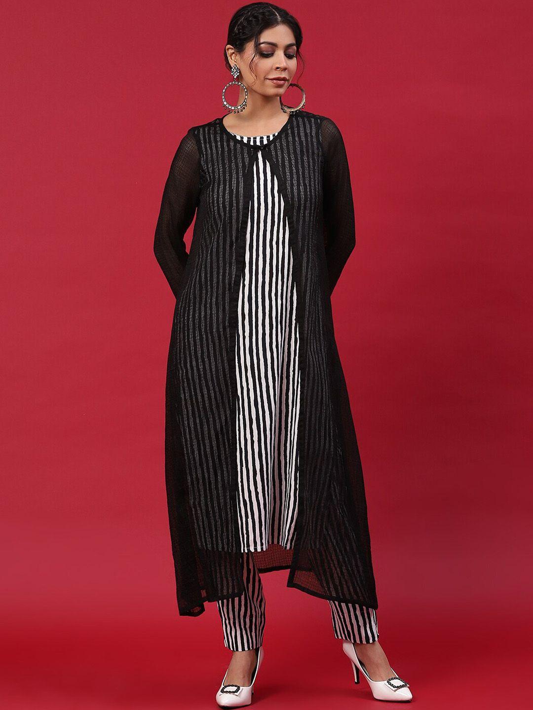 anouk black striped straight kurta with trousers & shrug