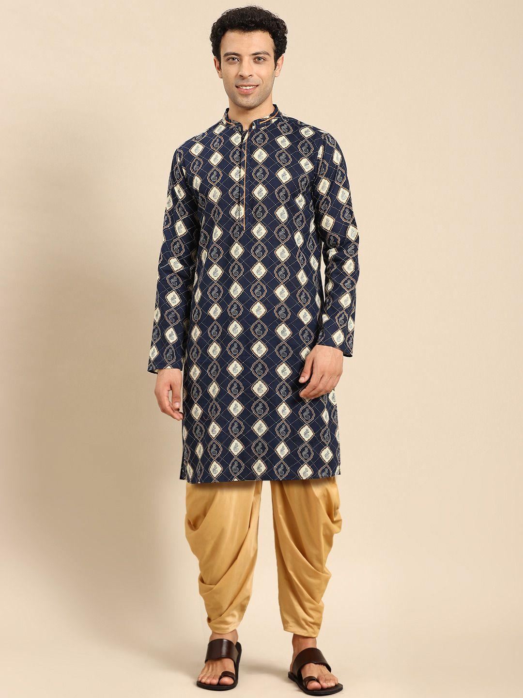 anouk blue & beige ethnic motifs printed straight  kurta with dhoti pants