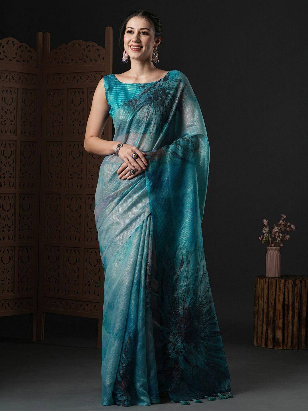 anouk blue & black floral printed organza saree