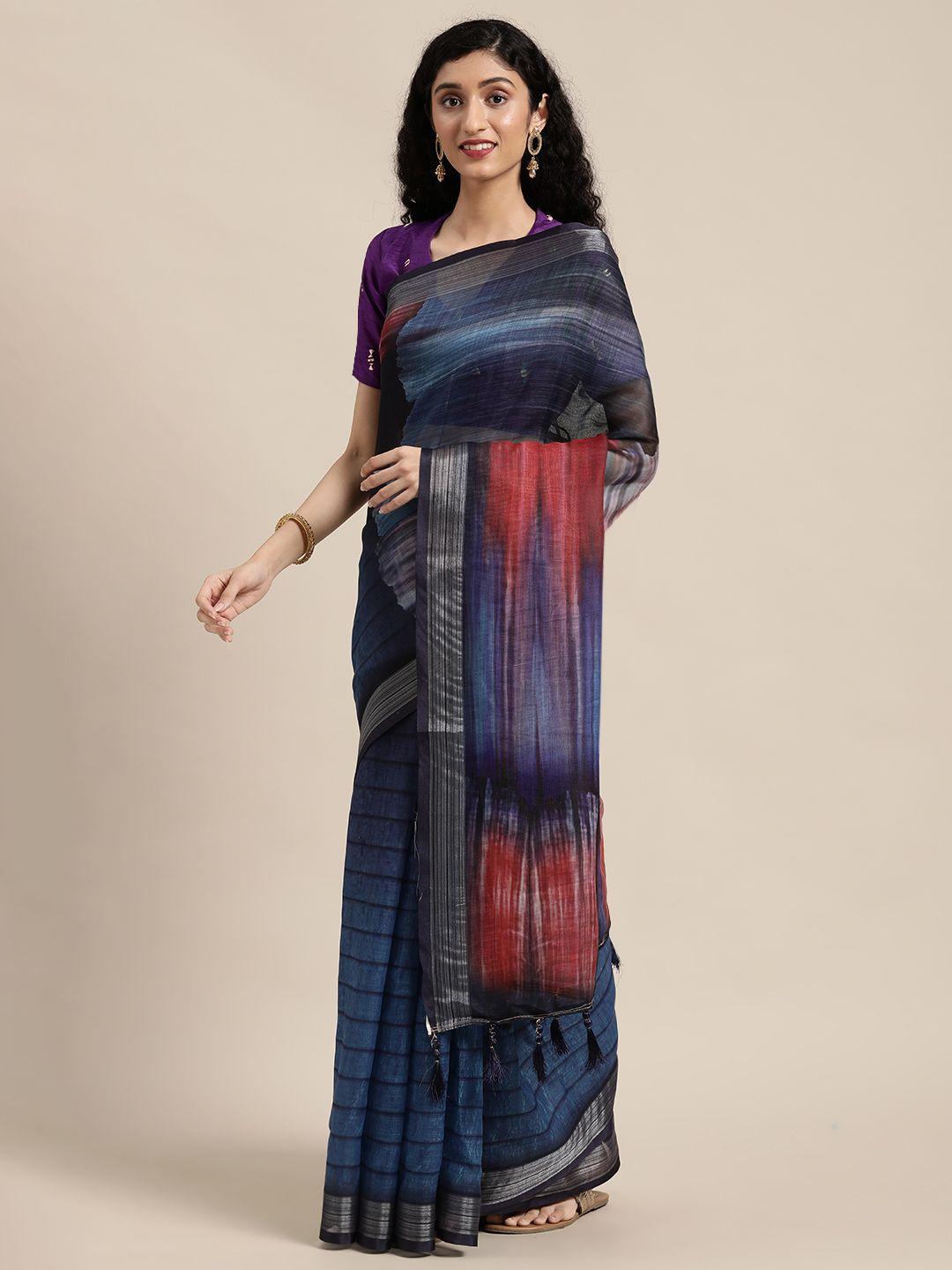 anouk blue & black geometric printed zari pure linen saree