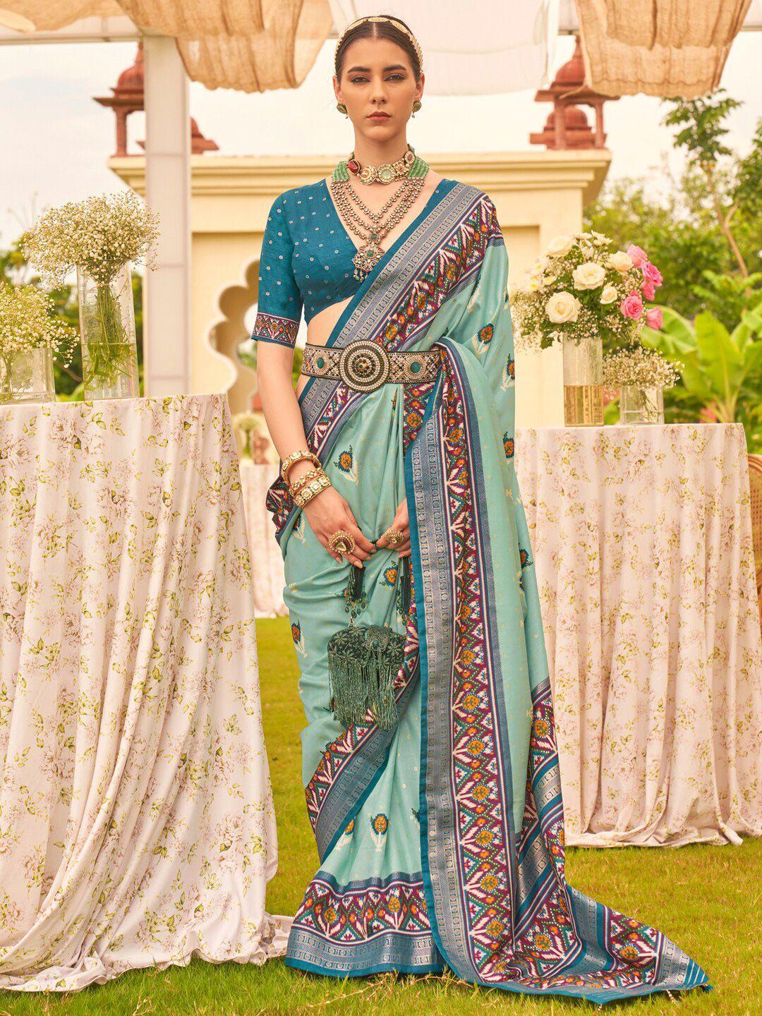 anouk blue & blue ethnic motifs silk blend designer patola saree