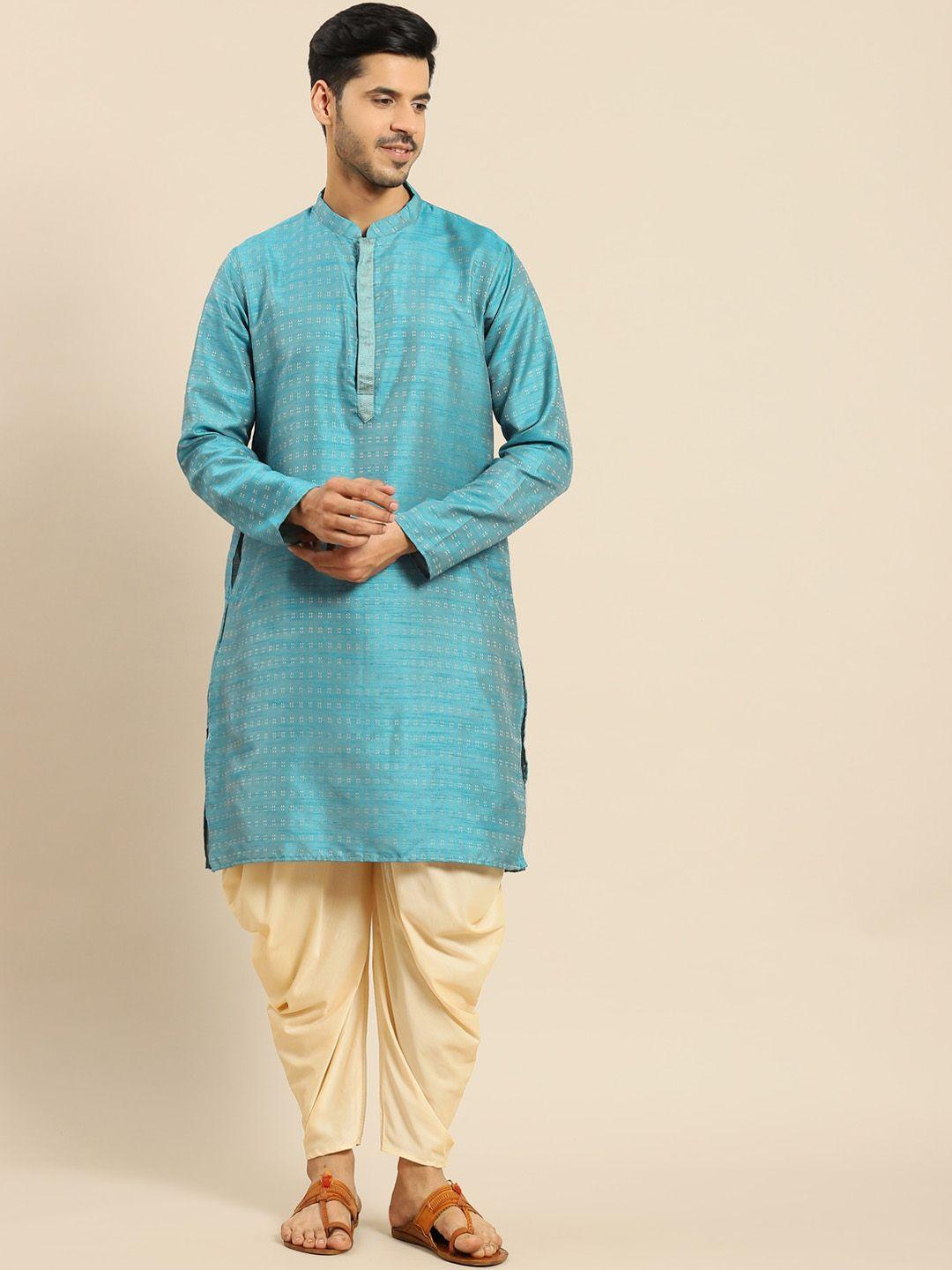 anouk blue & cream-color woven design zari straight kurta with dhoti pants