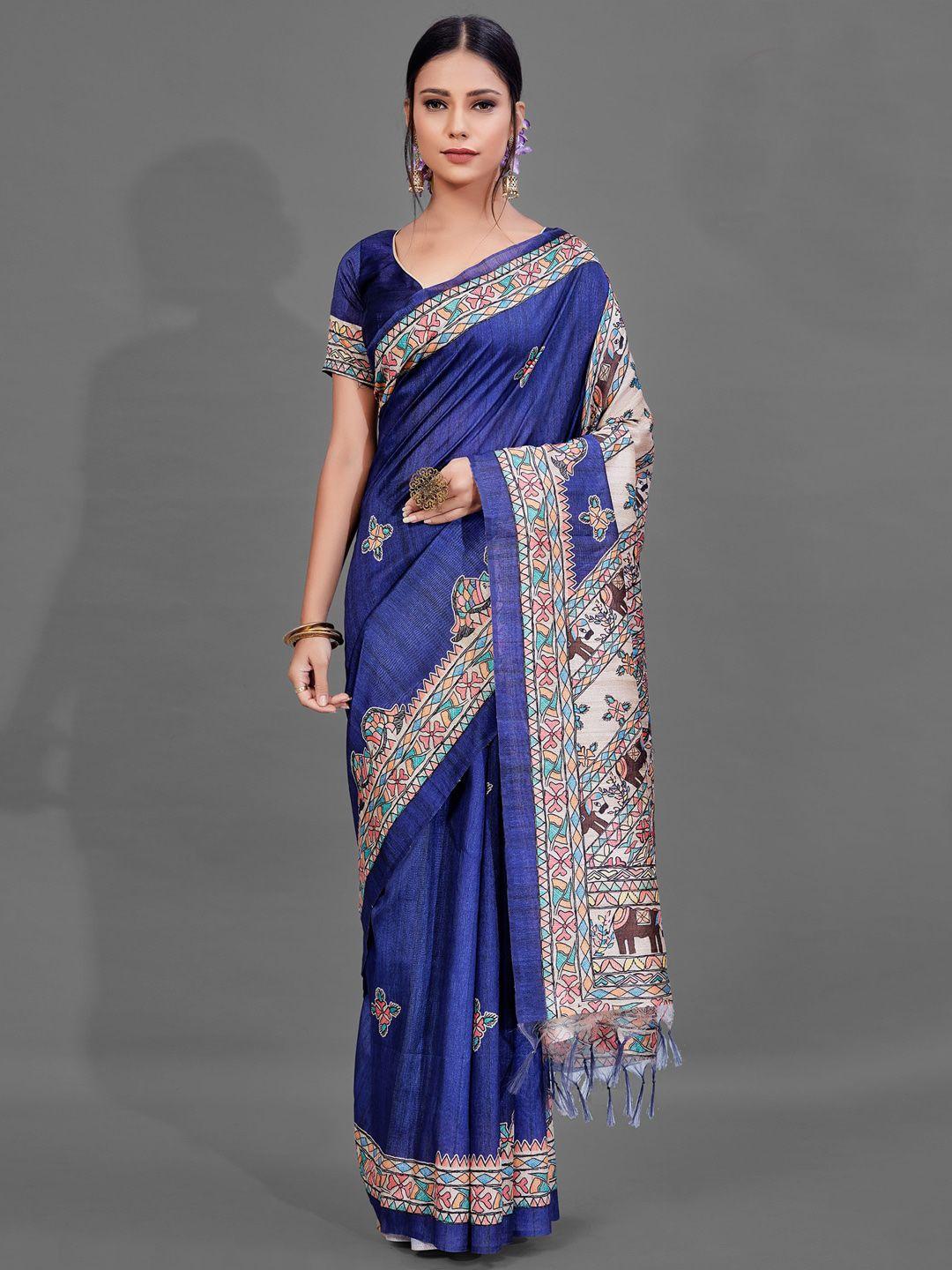 anouk blue & cream-coloured ethnic motifs printed baluchari saree