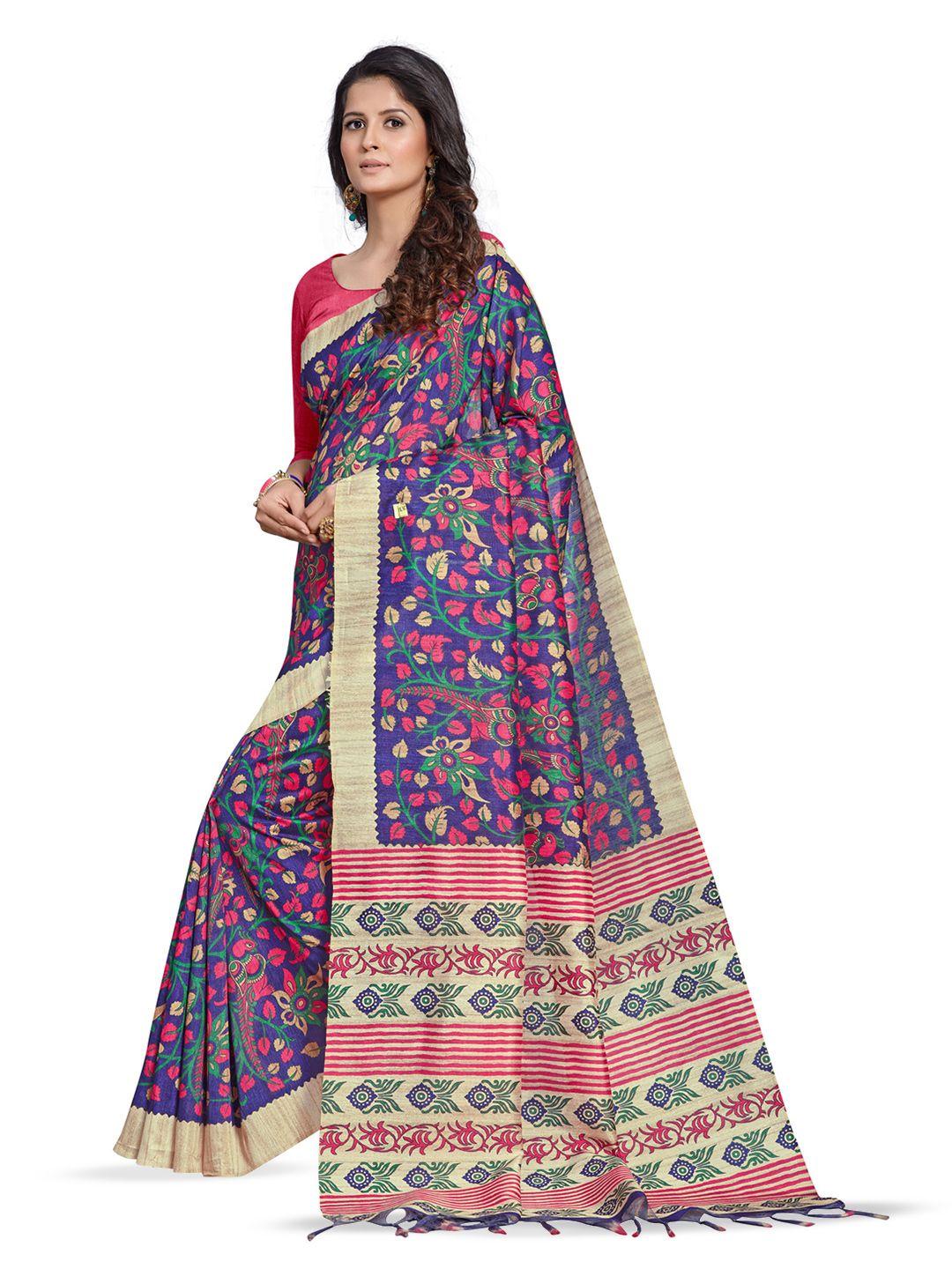 anouk blue & fuchsia ethnic motifs printed block print saree