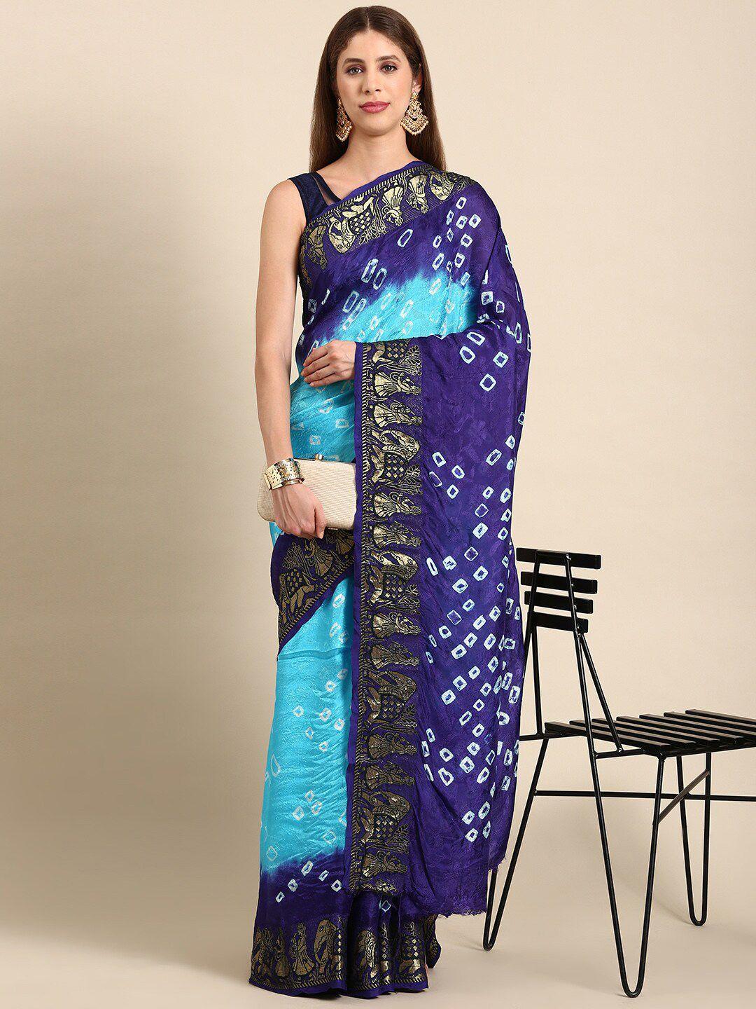 anouk blue & gold-toned bandhani printed saree