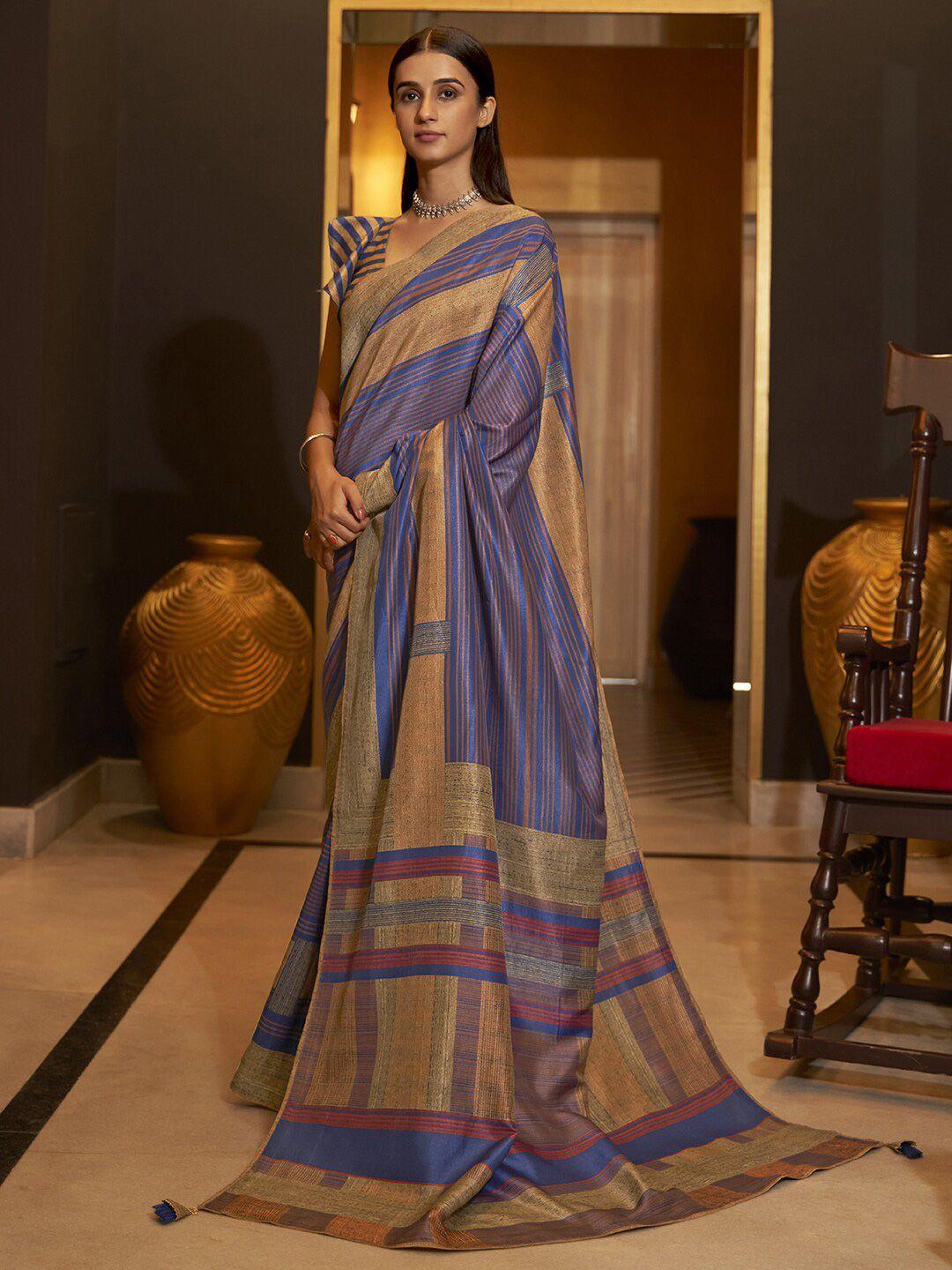 anouk blue & gold-toned striped saree