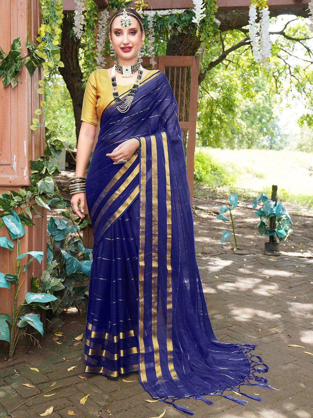 anouk blue & gold-toned striped zari poly chiffon saree