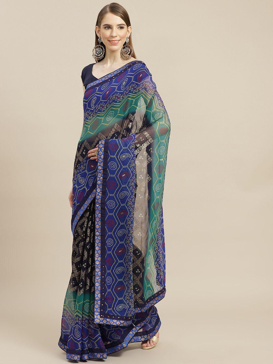 anouk blue & green bandhani pure georgette bhagalpuri saree