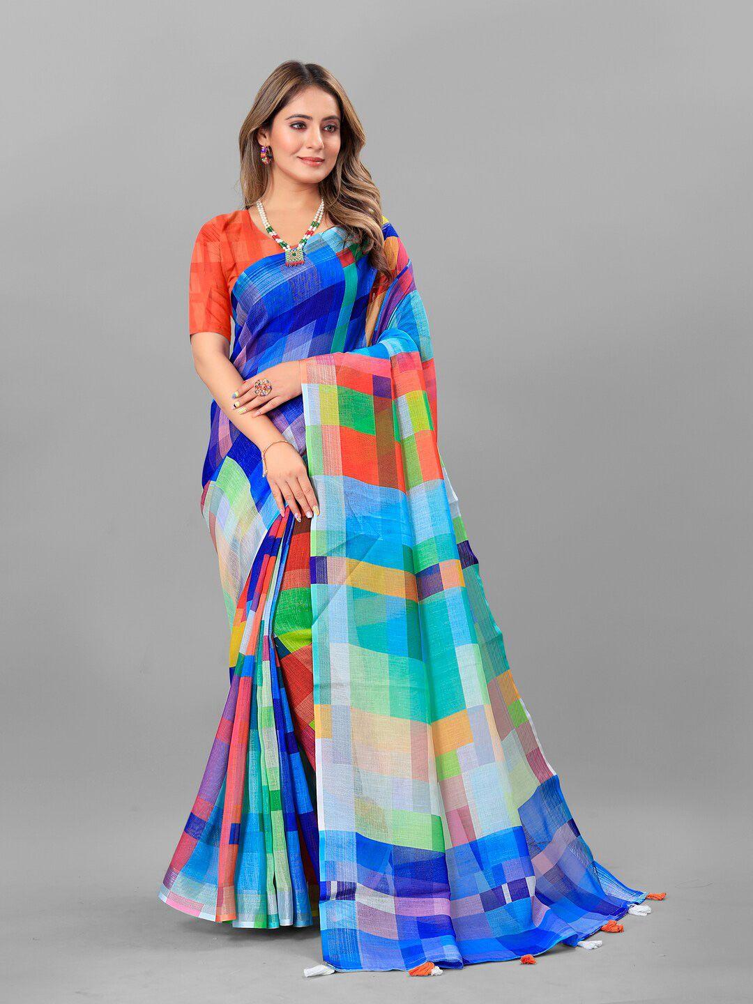 anouk blue & green colourblocked pure linen saree