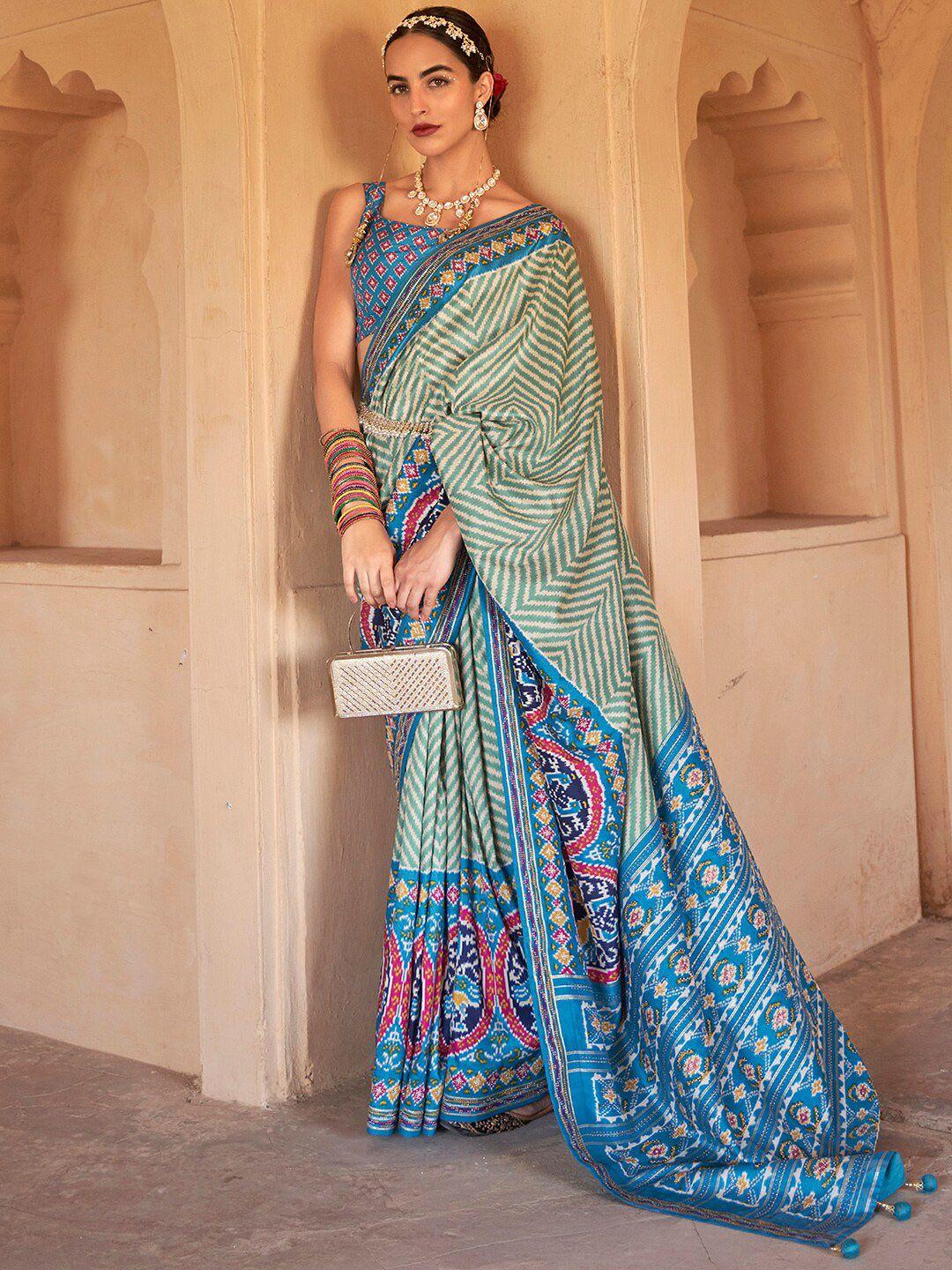 anouk blue & green ethnic motifs beads and stones silk blend patola saree