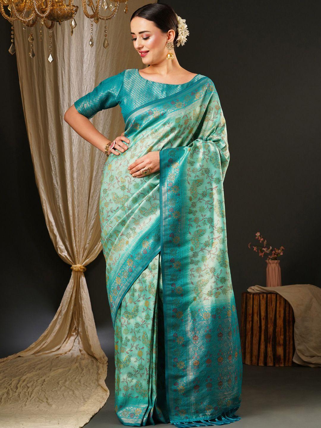 anouk blue & green ethnic motifs woven design zari pure silk kanjeevaram saree