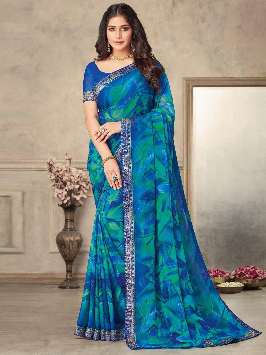 anouk blue & green geometric printed zari pure chiffon bagru saree